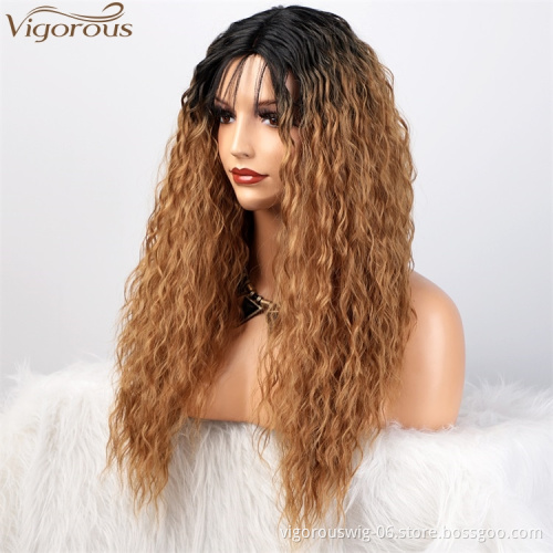 Vigorous Synthetic Long Curly Wavy Wig Ombre Middle Part Water Wave Wig Black Root to Blonde Wig for Women